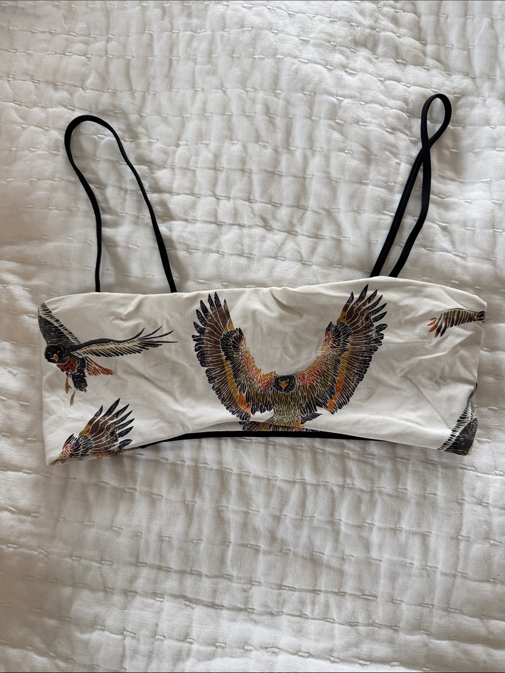 Boys + Arrows White Bikini Top with Eagle Print and Black Straps